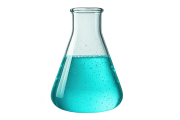 Erlenmeyer flask with a vibrant blue liquid isolated on transparent background.