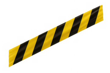 Realistic caution tape fluttering, black and yellow stripes waving against transparent backdrop, representing warning signals