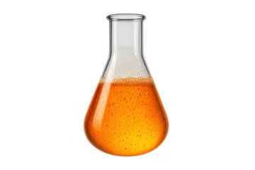 Erlenmeyer flask with orange liquid and bubbles, isolated on transparent background