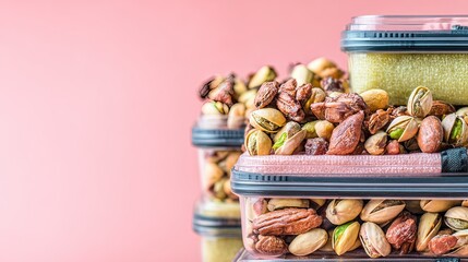 Pink background, stacked nut containers, healthy snack prep