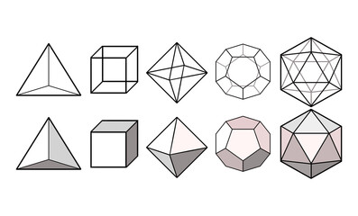 illustration of 3D polyhedrons with both outline and shaded styles, showcasing geometric precision and symmetry. Ideal for STEM education, design references, and infographics
