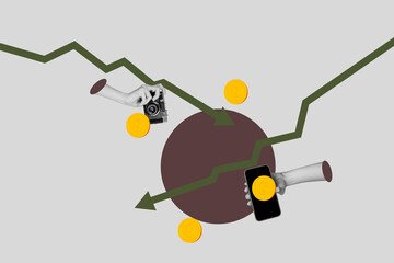 Banner full pop sketch 3d collage of business human hand point dollar inflation currency regress...