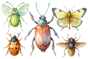 A collection of five beautifully painted watercolor insects isolated on transparent background