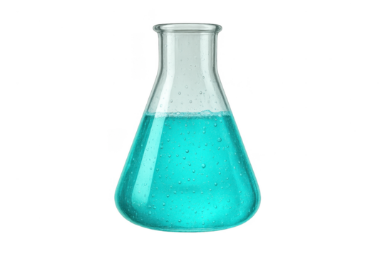 Transparent background: Erlenmeyer flask with blue liquid and bubbles.
