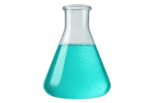 Science lab flask with vibrant blue liquid, isolated on transparent background - Powered by Adobe