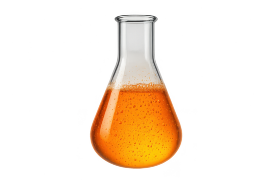 Erlenmeyer flask with orange liquid and bubbles, isolated on transparent background