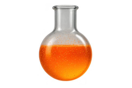Round-bottom lab flask with vibrant orange liquid, isolated on transparent background.