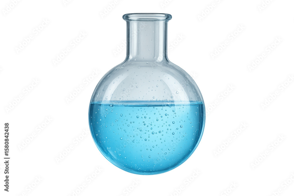 Poster glass round bottom flask with blue liquid and bubbles isolated on transparent background