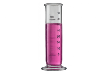 Graduated cylinder with vibrant pink liquid, isolated on transparent background