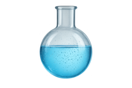 Glass round bottom flask with blue liquid and bubbles isolated on transparent background
