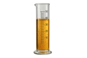 Precise graduated cylinder with bubbly golden liquid, isolated on transparent background