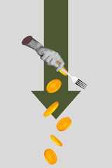 Vertical pop sketch 3d collage of business human hand point dollar inflation currency regress arrow...