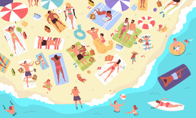 People on beach top view. Crowd tourists relax seaside, swim inflatable ring water sea sunbathing towels above sun umbrella summer vacation holiday rest, classy vector illustration