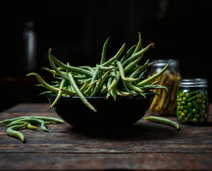 Fresh green beans arranged in a rustic bowl surrounded by jars of preserved vegetables on a dark wooden table
