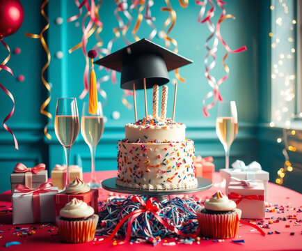 Celebration of achievement with a graduation cake and festive decorations in a colorful setting - Powered by Adobe