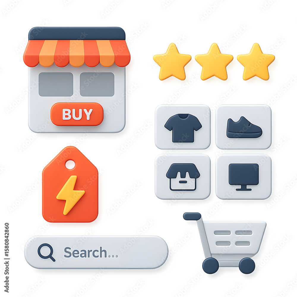 Poster isometric 3d ui/ux elements e-commerce storefront, search bar & more with a modern set
