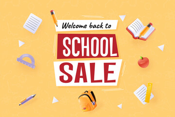 Back to school sale poster. Children student education concept, promotion welcome banner text template design 3d study supplies book pen pencil kid elements vector illustration