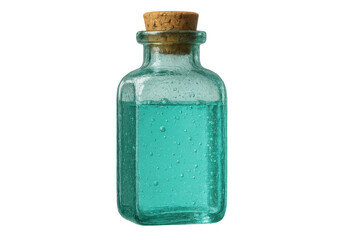 Isolated glass bottle with vibrant turquoise liquid and cork stopper