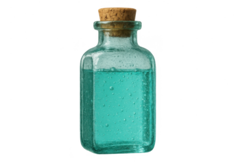 Isolated glass bottle with vibrant turquoise liquid and cork stopper