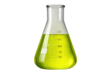 Chemical Erlenmeyer flask with vivid green liquid on transparent background