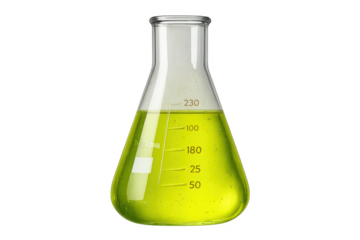 Chemical Erlenmeyer flask with vivid green liquid on transparent background