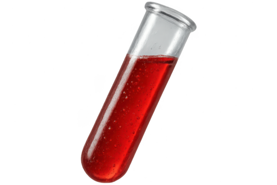 Medical test tube with red blood sample isolated on transparent background