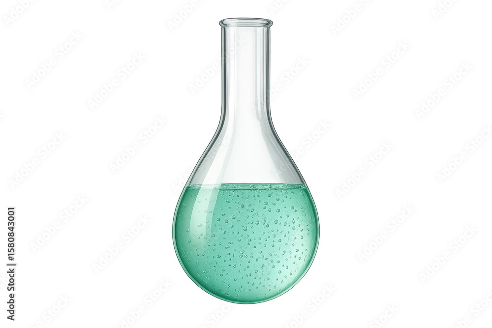Poster laboratory flask with bubbling green liquid isolated on transparent background