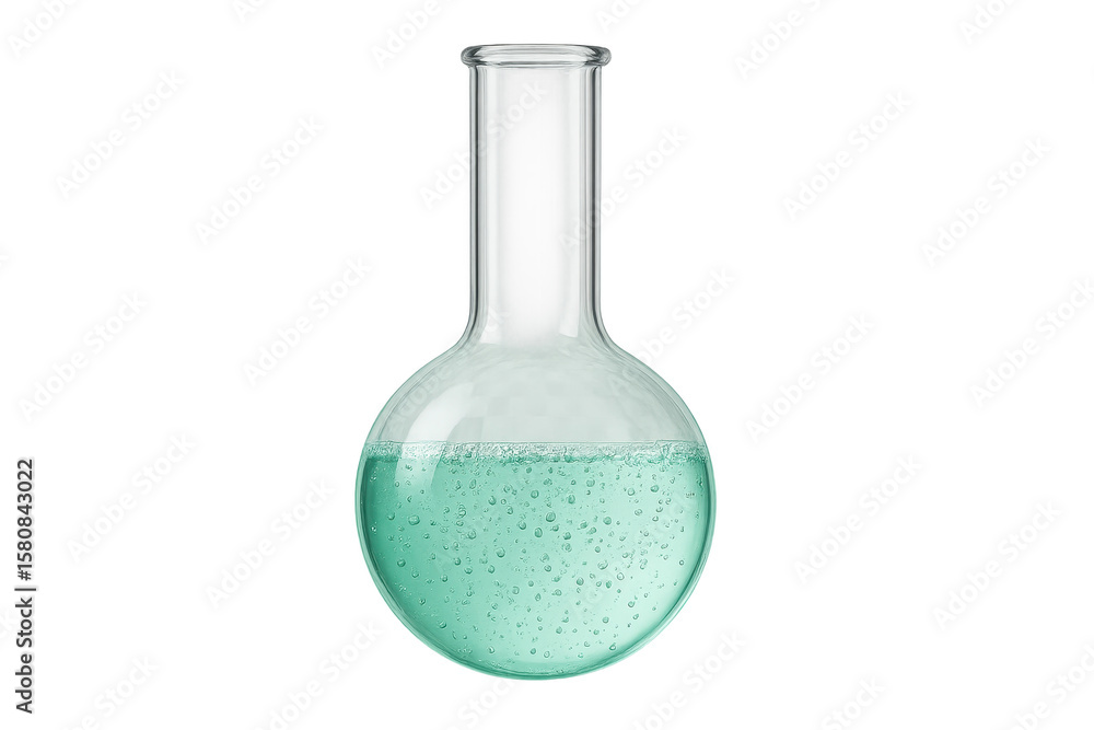 Poster laboratory round bottom flask with green liquid, isolated on transparent background.