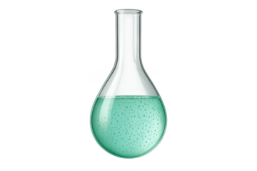 Laboratory flask with bubbling green liquid isolated on transparent background
