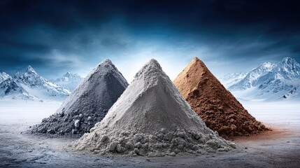 Naklejka premium Colored Mineral Powder Mounds in Snowy Mountains
