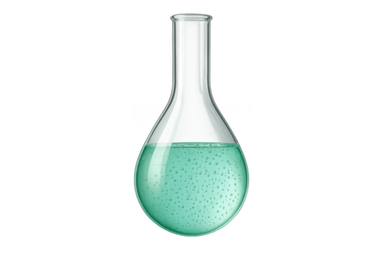 Laboratory flask with bubbling green liquid isolated on transparent background