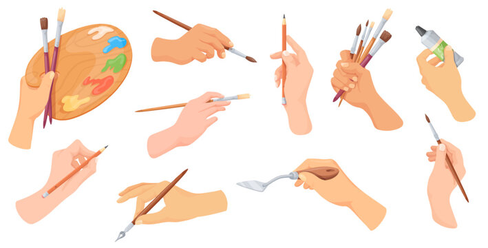 Painters hands. Artist hand hold paint brush, pencil pen paintbrush palette in painter arm art school stationery drawing equipment write design sketch tool neat vector illustration