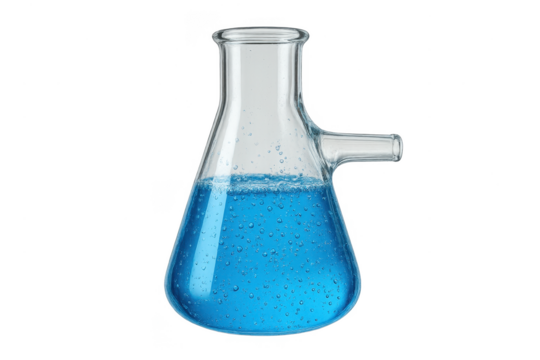 Glass laboratory flask with bubbling blue liquid, isolated on transparent background
