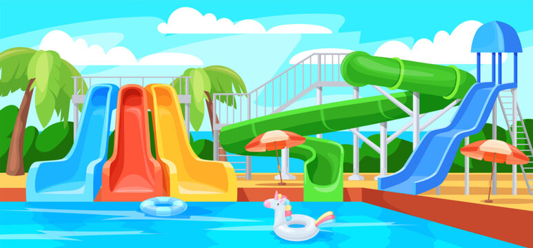Cartoon aquapark. Waterpark swimming pool with water slide, aqua amusement park for family children beach party waterslide playground background summertime neat vector illustration