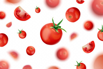 Falling tomato. Realistic flying tomatoes ad background, red vegetables blurry banner food pattern cherry tomat ketchup salad paste organic ingredient, 3d exact vector illustration