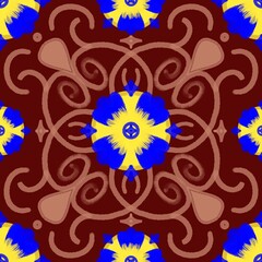 seamless floral pattern,flower,squid created by combining blue and yellow curves and painting ,brown background in geometric pattern to as sarong,tile,fabric,printed fabric,tablecloth patterns