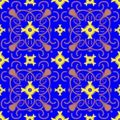 seamless floral pattern,flower,squid created by combining brown and yellow curves and painting ,blue background in geometric pattern to as sarong,tile,fabric,printed fabric,tablecloth patterns