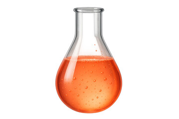 Transparent glass lab flask with vibrant orange liquid, isolated subject.