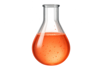 Transparent glass lab flask with vibrant orange liquid, isolated subject.