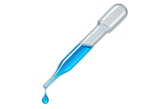 Glass dropper with blue liquid and falling drop isolated on transparent background
