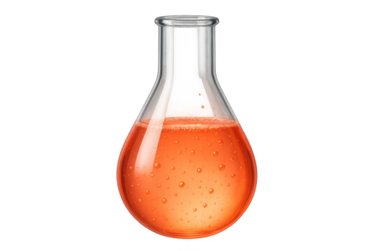 Transparent glass lab flask with vibrant orange liquid, isolated subject.