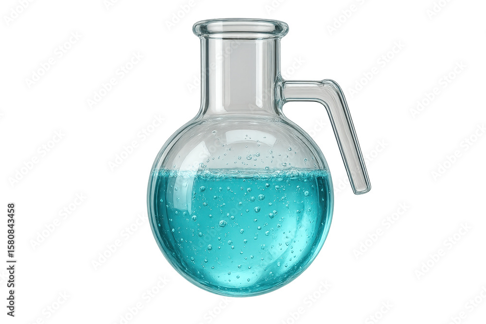 Poster laboratory flask with bubbling blue liquid, isolated on transparent background