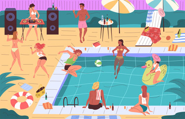 People pool party. Man in swimwear and woman bikini dance fun event, dj outdoor beach festival in luxury villa hotel poolside swim jump summer vacation, classy vector illustration