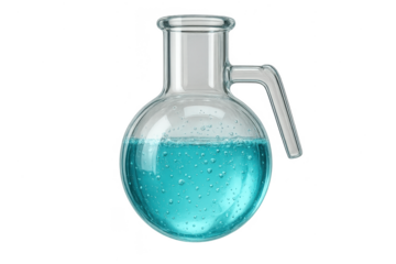 Laboratory flask with bubbling blue liquid, isolated on transparent background