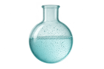 Science lab round-bottom flask, blue bubbling liquid, transparent background