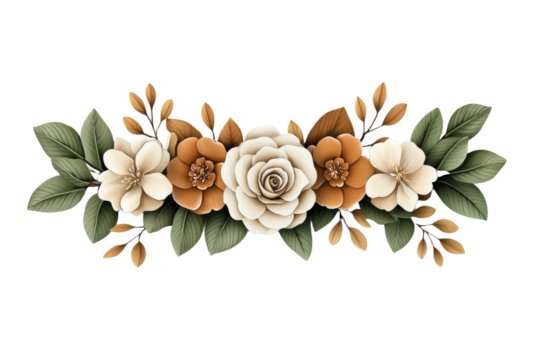 Bouquet of flowers with a green stem and brown leaves, isolated - Powered by Adobe