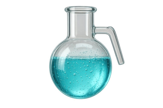 Laboratory flask with bubbling blue liquid, isolated on transparent background