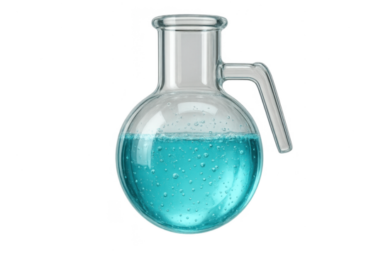 Laboratory flask with bubbling blue liquid, isolated on transparent background