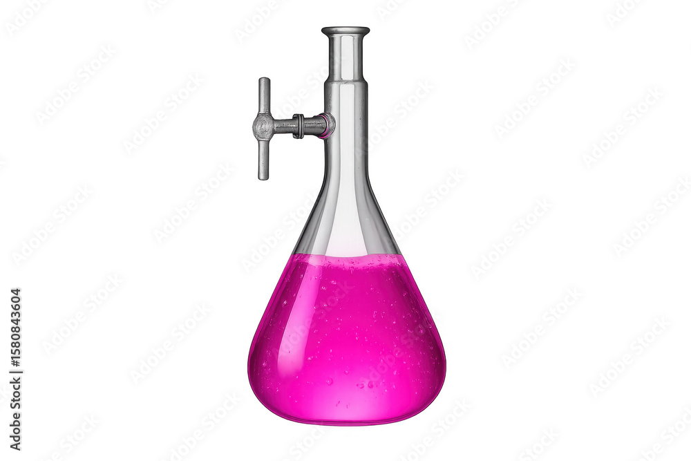 Poster vibrant pink liquid in a lab flask with tap, isolated on transparent background