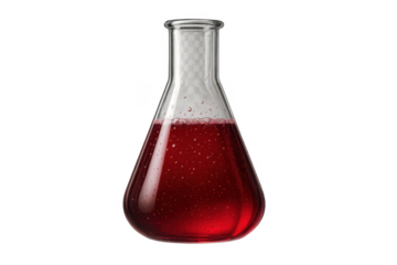 Erlenmeyer flask with bubbling red liquid isolated on transparent background, science